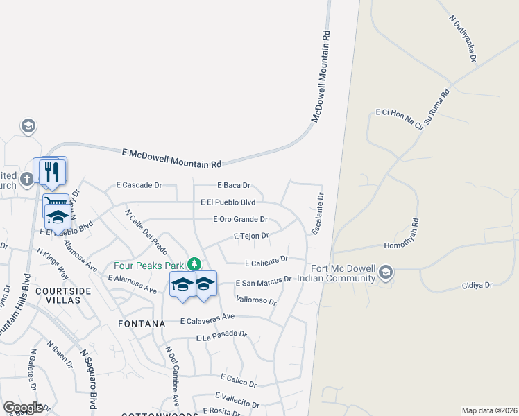 map of restaurants, bars, coffee shops, grocery stores, and more near 17404 East Oro Grande Drive in Fountain Hills