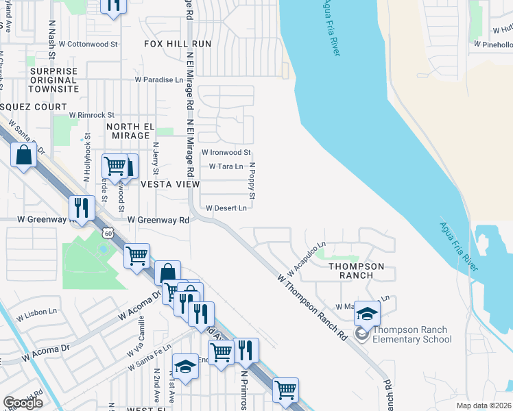 map of restaurants, bars, coffee shops, grocery stores, and more near 15405 North Poppy Street in El Mirage