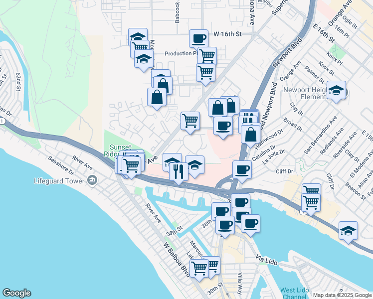 map of restaurants, bars, coffee shops, grocery stores, and more near 300 Cagney Lane in Newport Beach
