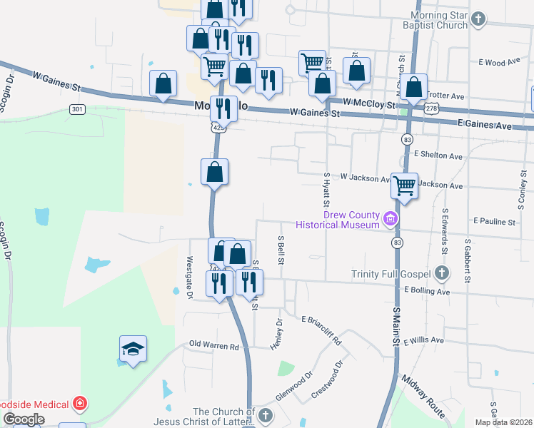 map of restaurants, bars, coffee shops, grocery stores, and more near 332 West College Avenue in Monticello