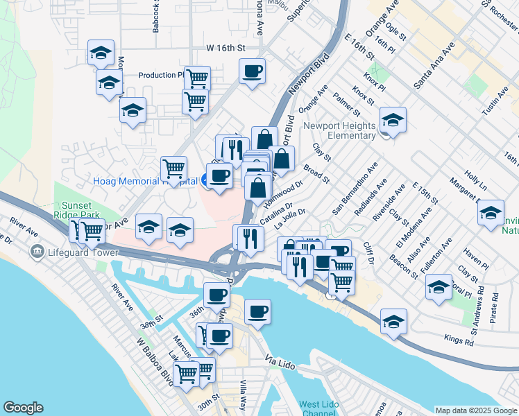 map of restaurants, bars, coffee shops, grocery stores, and more near 307 Catalina Drive in Newport Beach