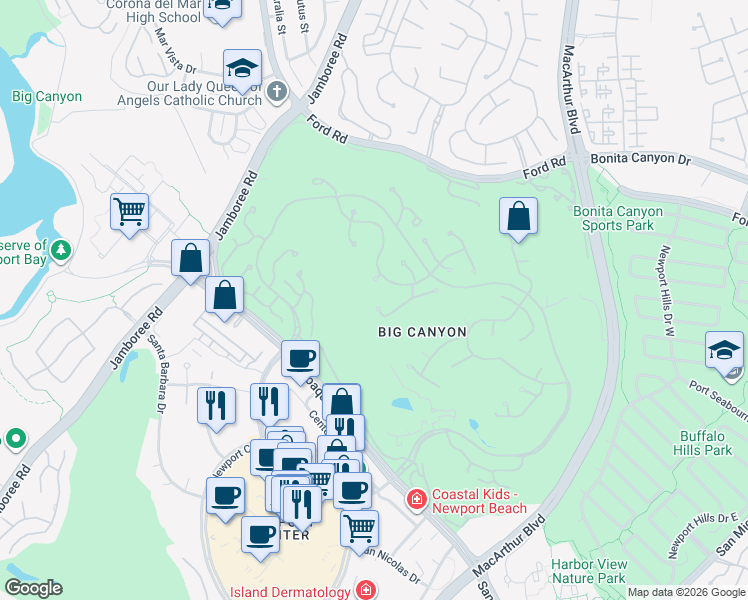 map of restaurants, bars, coffee shops, grocery stores, and more near 1 Inverness Lane in Newport Beach