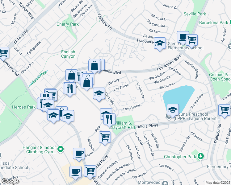 map of restaurants, bars, coffee shops, grocery stores, and more near 23315 La Crescenta in Mission Viejo