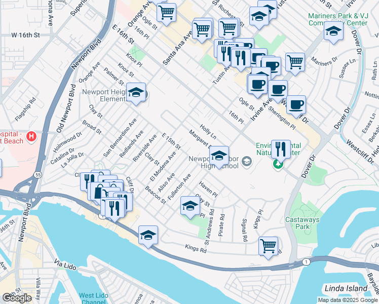 map of restaurants, bars, coffee shops, grocery stores, and more near 600 Powell Place in Newport Beach