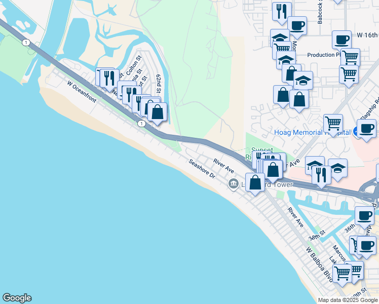 map of restaurants, bars, coffee shops, grocery stores, and more near 5513 River Avenue in Newport Beach