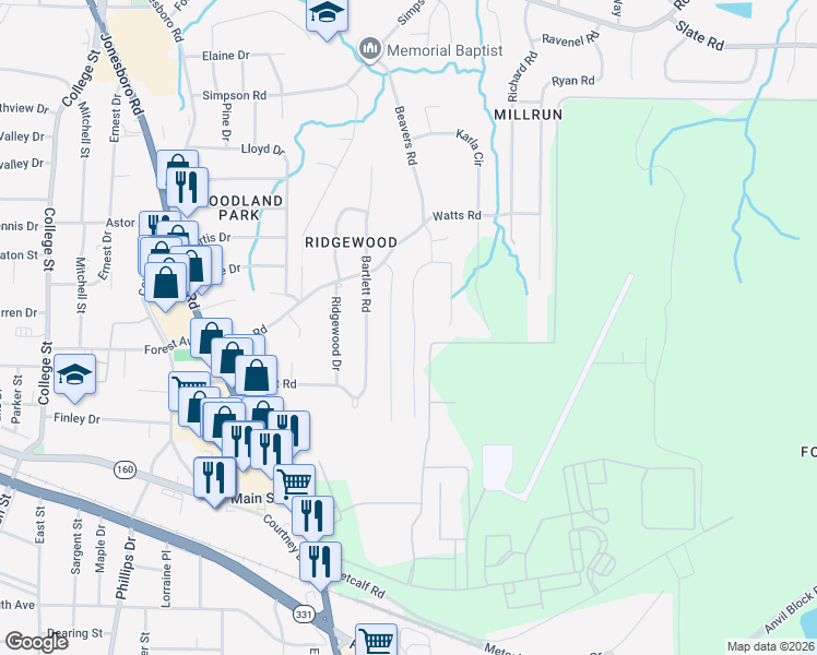 map of restaurants, bars, coffee shops, grocery stores, and more near 4791 Price Street in Forest Park