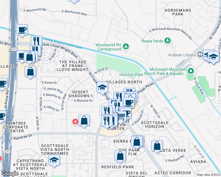 map of restaurants, bars, coffee shops, grocery stores, and more near 15151 North Frank Lloyd Wright Boulevard in Scottsdale