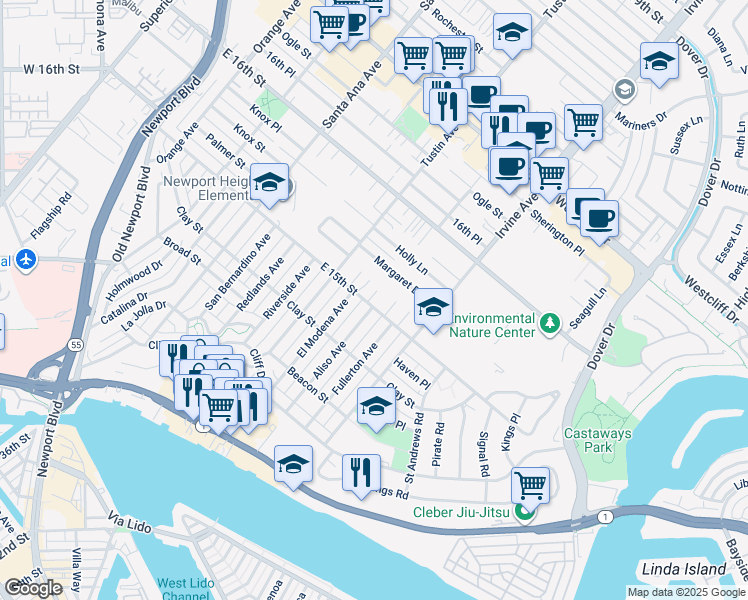 map of restaurants, bars, coffee shops, grocery stores, and more near 600 Powell Place in Newport Beach