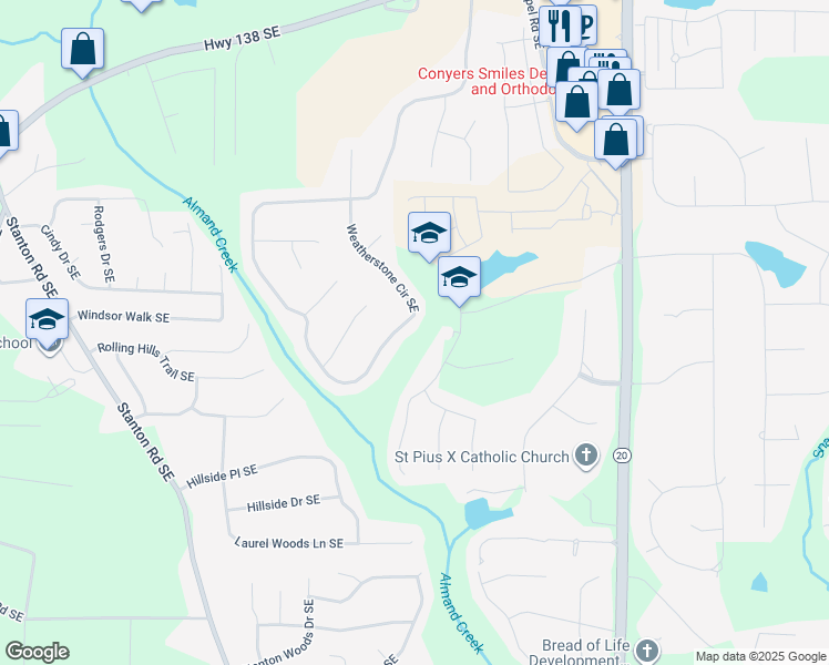 map of restaurants, bars, coffee shops, grocery stores, and more near 2791 Weatherstone Circle Southeast in Conyers