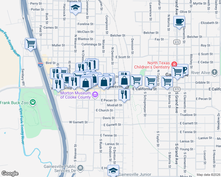 map of restaurants, bars, coffee shops, grocery stores, and more near 312 East California Street in Gainesville