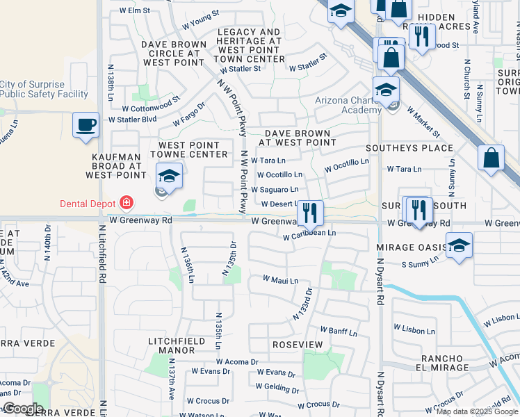 map of restaurants, bars, coffee shops, grocery stores, and more near 13447 West Desert Lane in Surprise