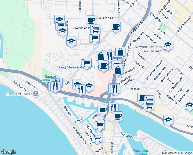 map of restaurants, bars, coffee shops, grocery stores, and more near 260 Cagney Lane in Newport Beach