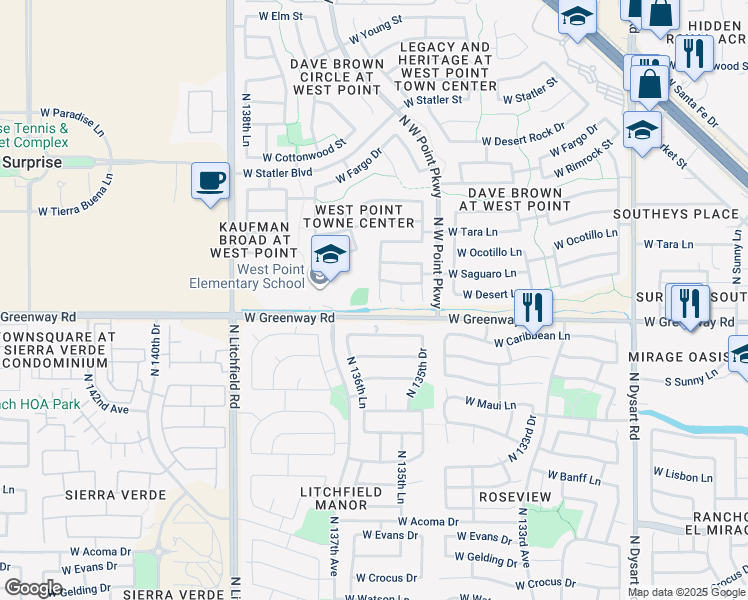 map of restaurants, bars, coffee shops, grocery stores, and more near 15484 North 136th Lane in Surprise