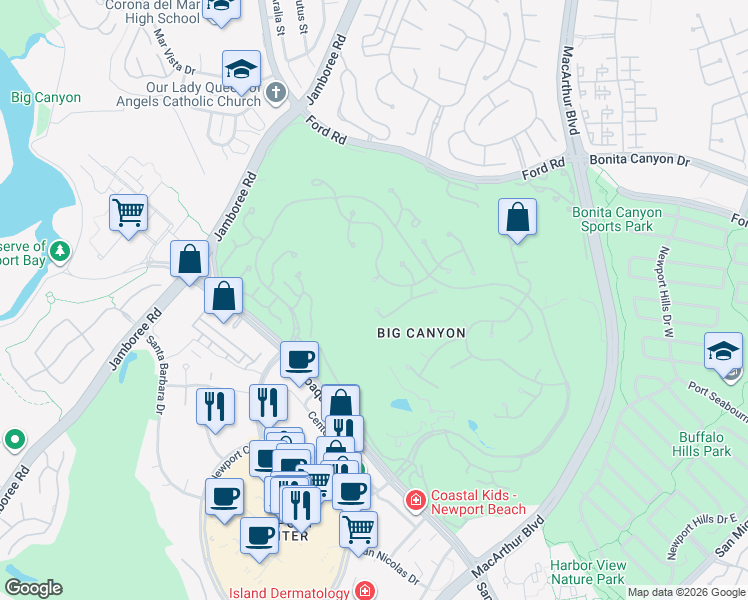map of restaurants, bars, coffee shops, grocery stores, and more near 2 Inverness Lane in Newport Beach