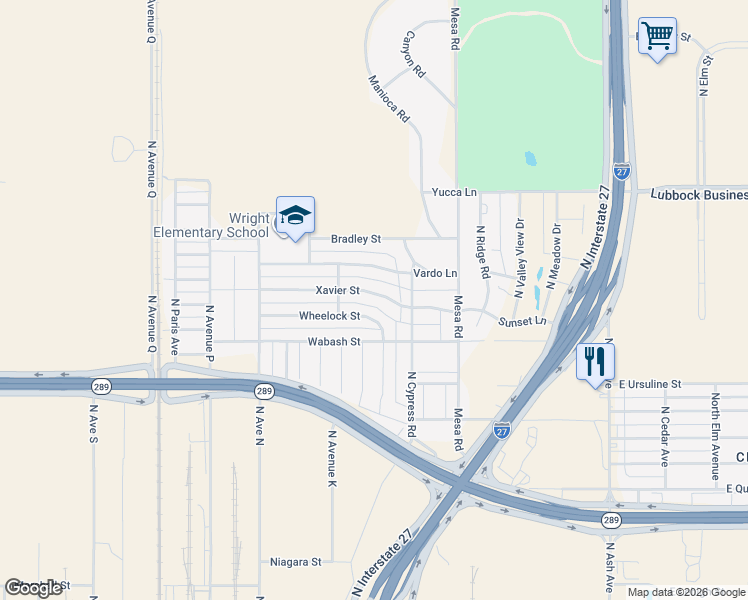 map of restaurants, bars, coffee shops, grocery stores, and more near 909 Xavier Street in Lubbock
