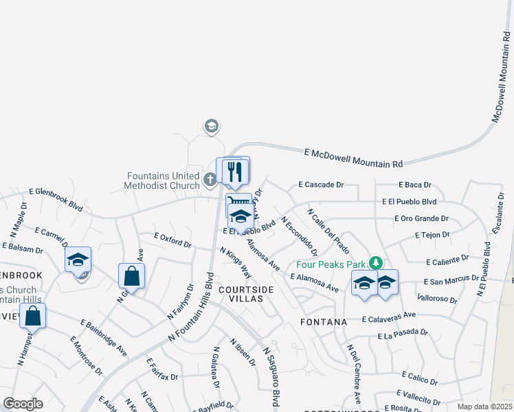 map of restaurants, bars, coffee shops, grocery stores, and more near 16830 East El Pueblo Boulevard in Fountain Hills