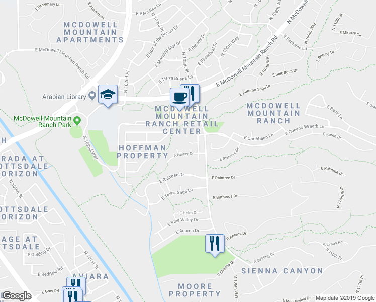 map of restaurants, bars, coffee shops, grocery stores, and more near 10459 East Hillery Drive in Scottsdale