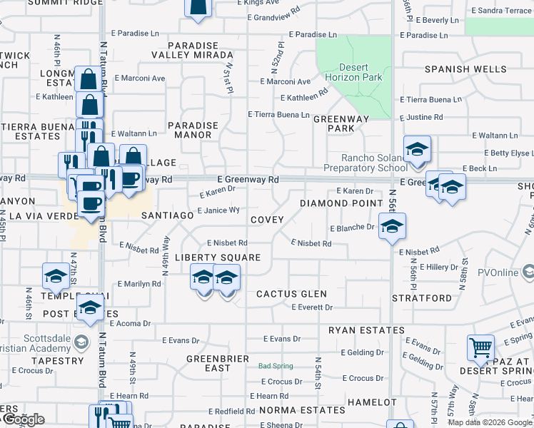 map of restaurants, bars, coffee shops, grocery stores, and more near 5239 East Blanche Drive in Scottsdale