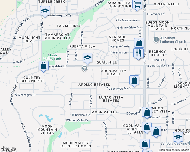 map of restaurants, bars, coffee shops, grocery stores, and more near 15201 North Central Avenue in Phoenix