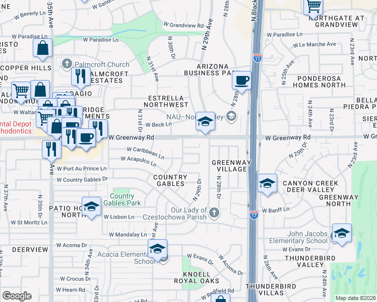 map of restaurants, bars, coffee shops, grocery stores, and more near 2931 West Caribbean Lane in Phoenix