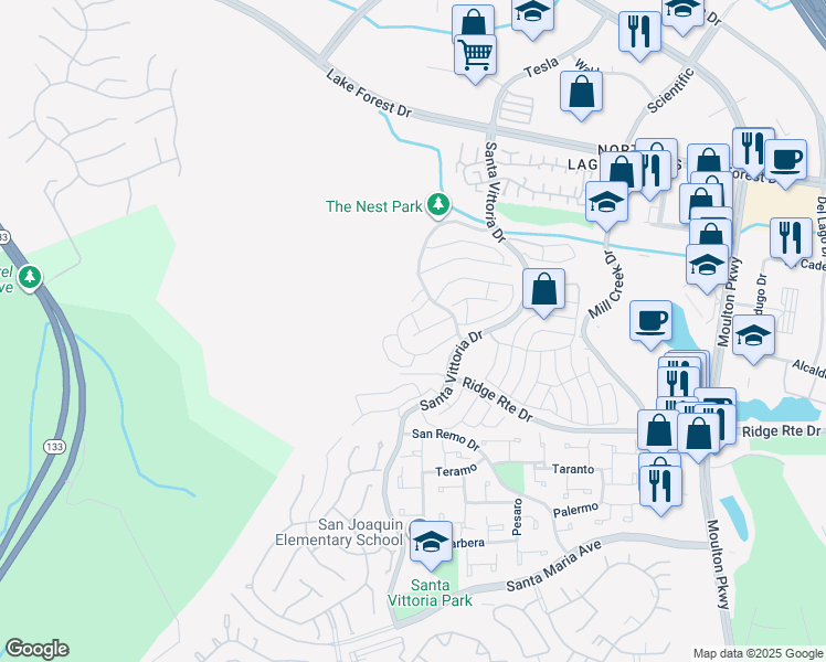 map of restaurants, bars, coffee shops, grocery stores, and more near 22182 Caminito Zaragoza in Laguna Hills