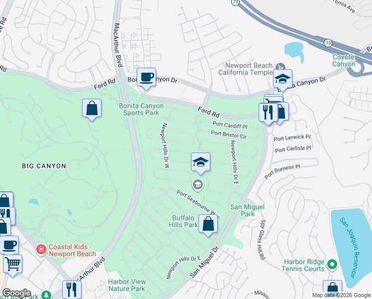 map of restaurants, bars, coffee shops, grocery stores, and more near 1870 Port Westbourne Place in Newport Beach