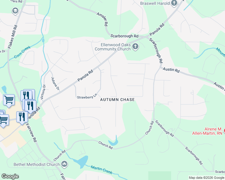 map of restaurants, bars, coffee shops, grocery stores, and more near 134 Overlook Court in Ellenwood