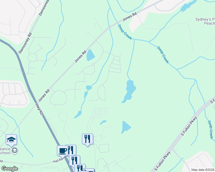 map of restaurants, bars, coffee shops, grocery stores, and more near 4695 Derby Loop in Fairburn