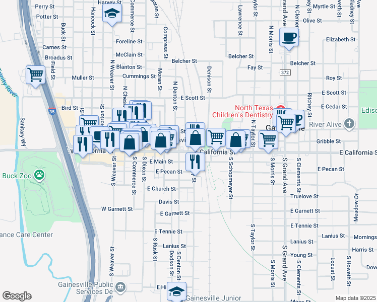 map of restaurants, bars, coffee shops, grocery stores, and more near 424 East California Street in Gainesville