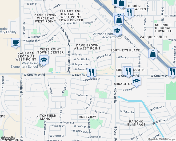 map of restaurants, bars, coffee shops, grocery stores, and more near 13327 West Desert Lane in Surprise