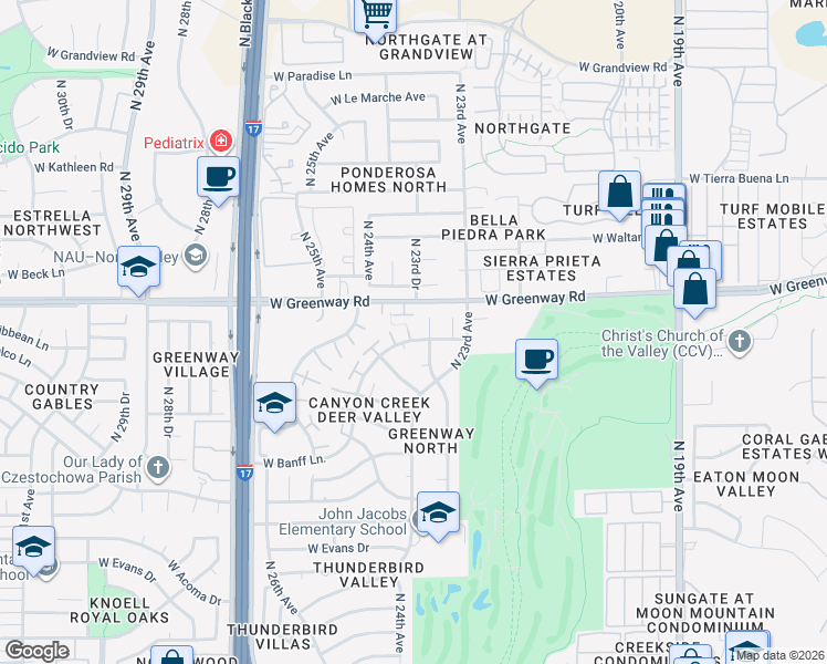 map of restaurants, bars, coffee shops, grocery stores, and more near 2416 West Caribbean Lane in Phoenix