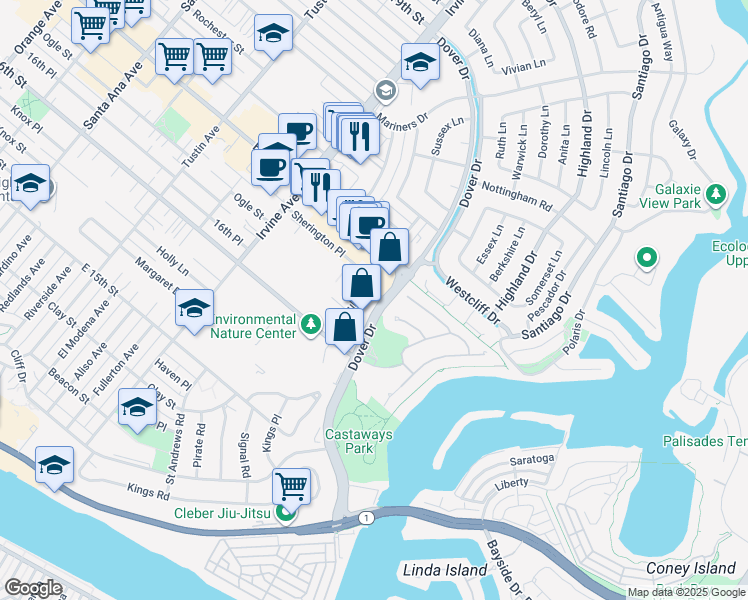 map of restaurants, bars, coffee shops, grocery stores, and more near 881 Dover Drive in Newport Beach