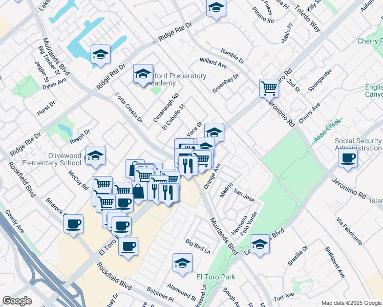 map of restaurants, bars, coffee shops, grocery stores, and more near 23302 El Toro Road in Lake Forest