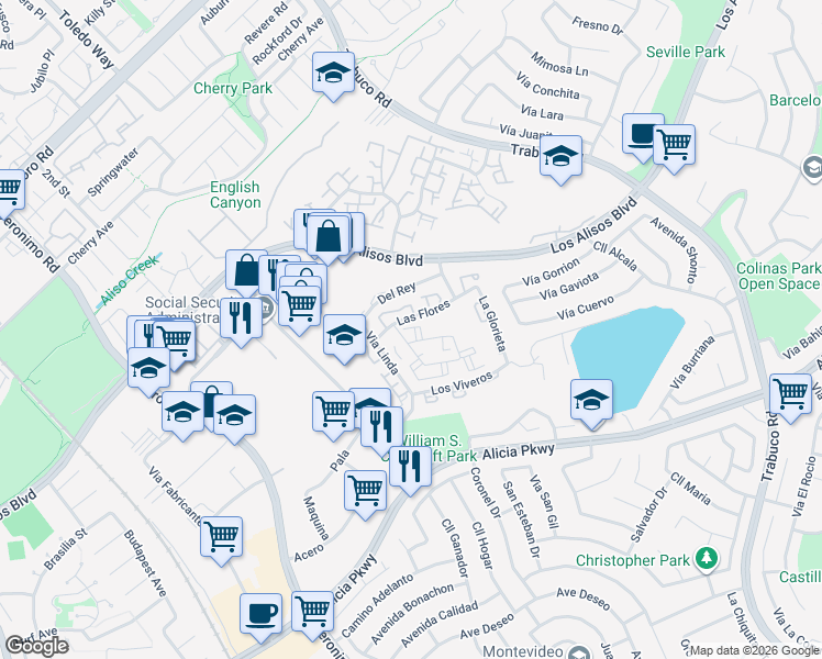 map of restaurants, bars, coffee shops, grocery stores, and more near 26125 La Real in Mission Viejo