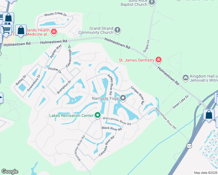 map of restaurants, bars, coffee shops, grocery stores, and more near 125 Ashley River Road in Myrtle Beach