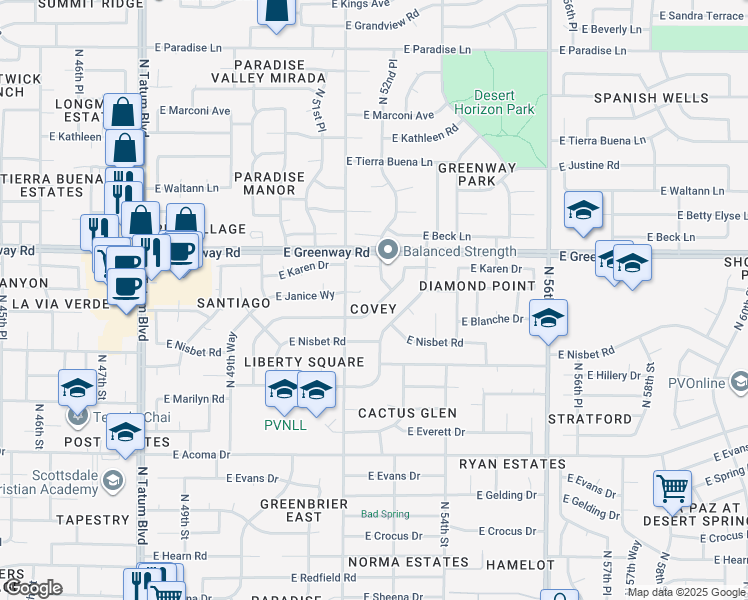 map of restaurants, bars, coffee shops, grocery stores, and more near 5239 East Blanche Drive in Scottsdale