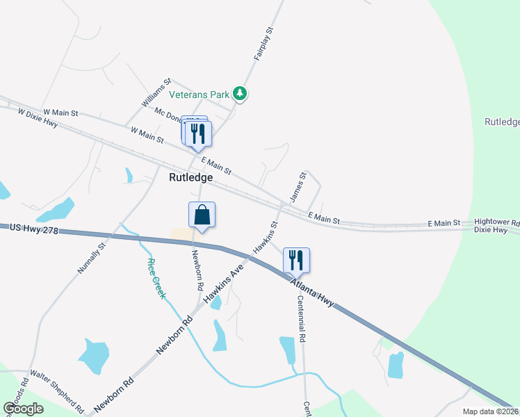 map of restaurants, bars, coffee shops, grocery stores, and more near 195 East Dixie Highway in Rutledge
