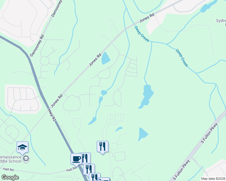 map of restaurants, bars, coffee shops, grocery stores, and more near 4619 Derby Loop in Fairburn