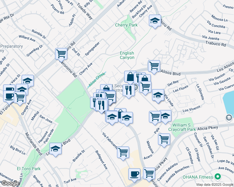 map of restaurants, bars, coffee shops, grocery stores, and more near 62 Aliso Ridge Loop in Mission Viejo