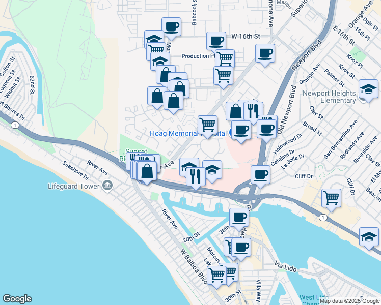 map of restaurants, bars, coffee shops, grocery stores, and more near 200 Paris Lane in Newport Beach