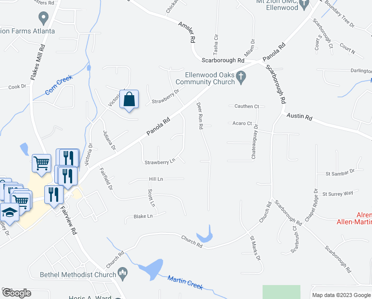 map of restaurants, bars, coffee shops, grocery stores, and more near 1078 Strawberry Lane in Ellenwood