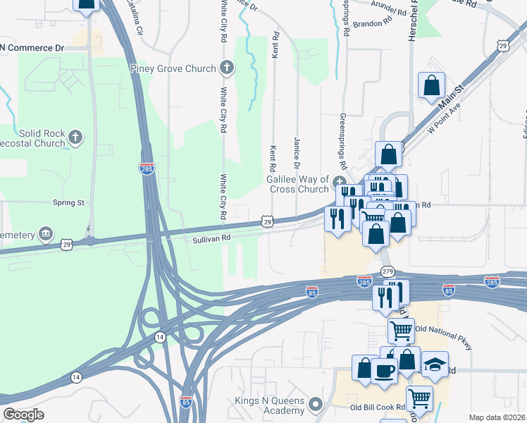map of restaurants, bars, coffee shops, grocery stores, and more near 2825 Roosevelt Highway in Atlanta