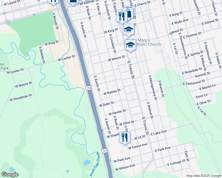 map of restaurants, bars, coffee shops, grocery stores, and more near 323 West Rainey Street in Sherman