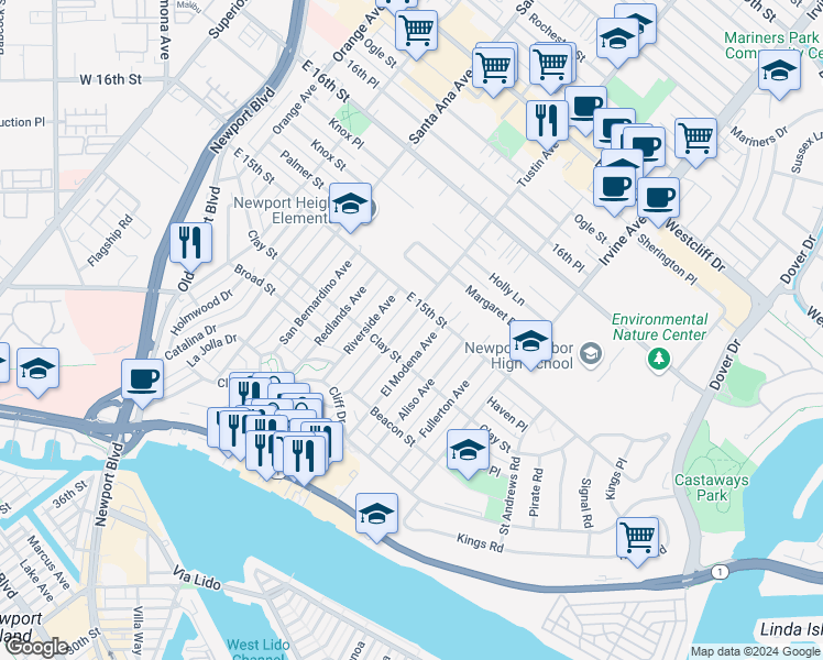 map of restaurants, bars, coffee shops, grocery stores, and more near 524 Tustin Avenue in Newport Beach