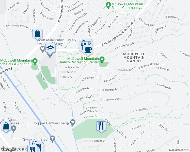 map of restaurants, bars, coffee shops, grocery stores, and more near 10484 East Hillery Drive in Scottsdale