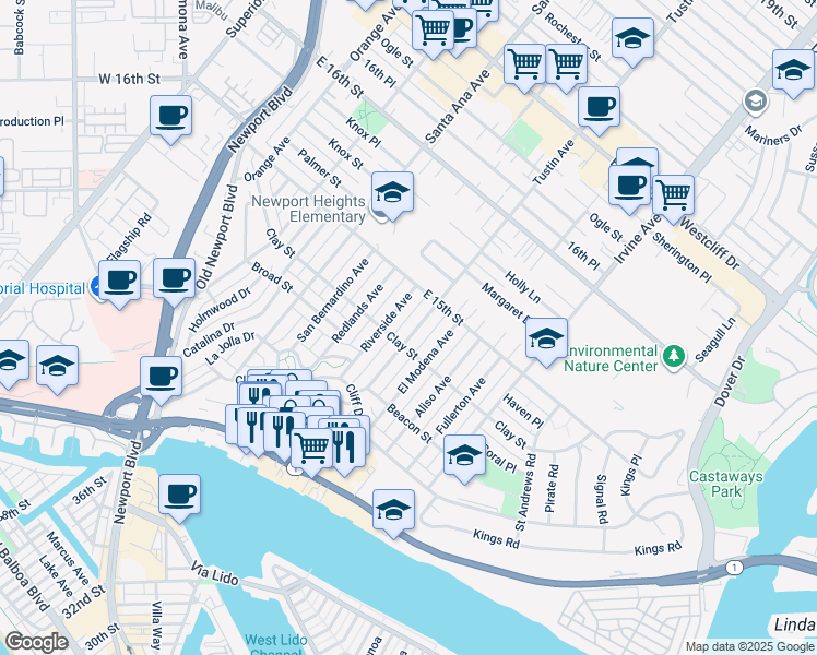 map of restaurants, bars, coffee shops, grocery stores, and more near 515 Tustin Avenue in Newport Beach