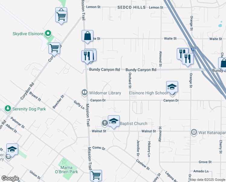 map of restaurants, bars, coffee shops, grocery stores, and more near 21394 Coral Wood Court in Wildomar