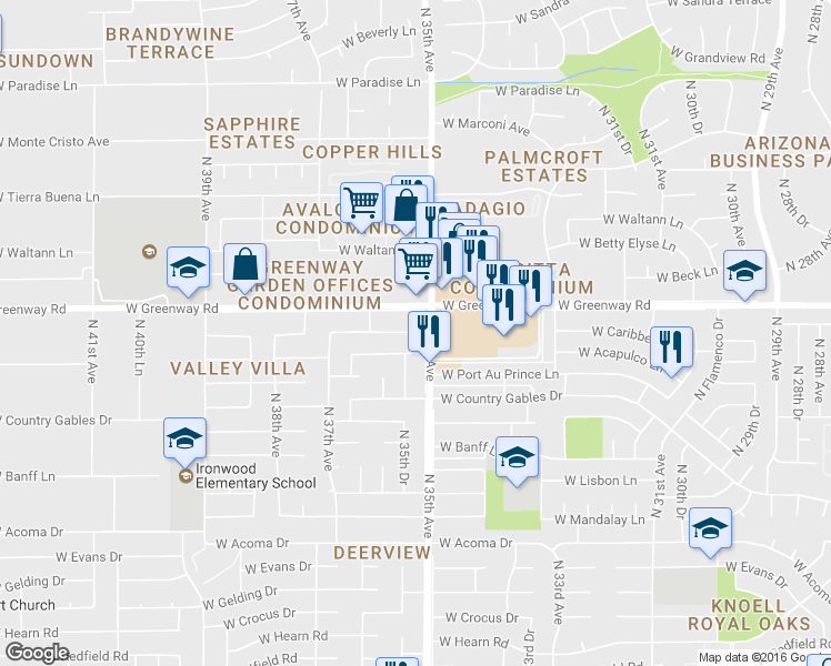 map of restaurants, bars, coffee shops, grocery stores, and more near N 35th Dr in Phoenix