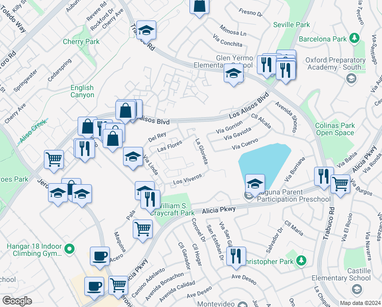 map of restaurants, bars, coffee shops, grocery stores, and more near in Mission Viejo