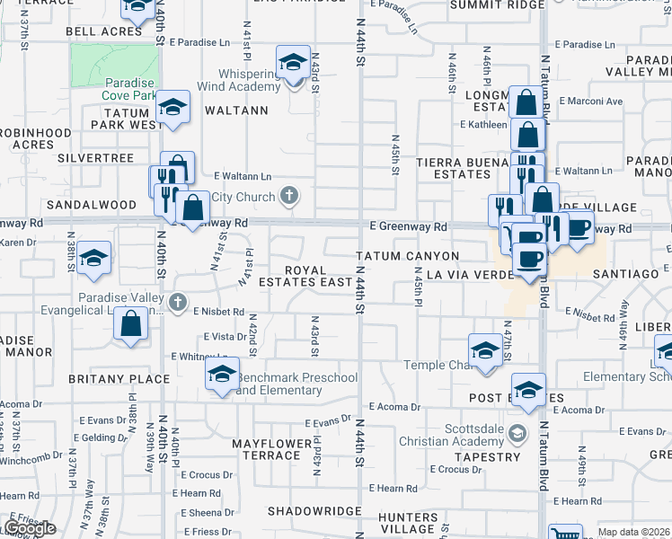 map of restaurants, bars, coffee shops, grocery stores, and more near 4335 East Janice Way in Phoenix